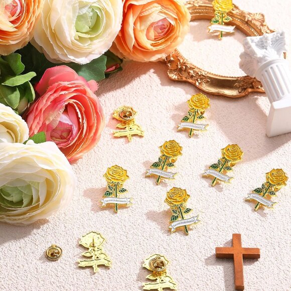 Womens Yellow Alloy Enamel Rose Pin for Funeral Memorial Day Remembrance, 50 pcs - Picture 3 of 6